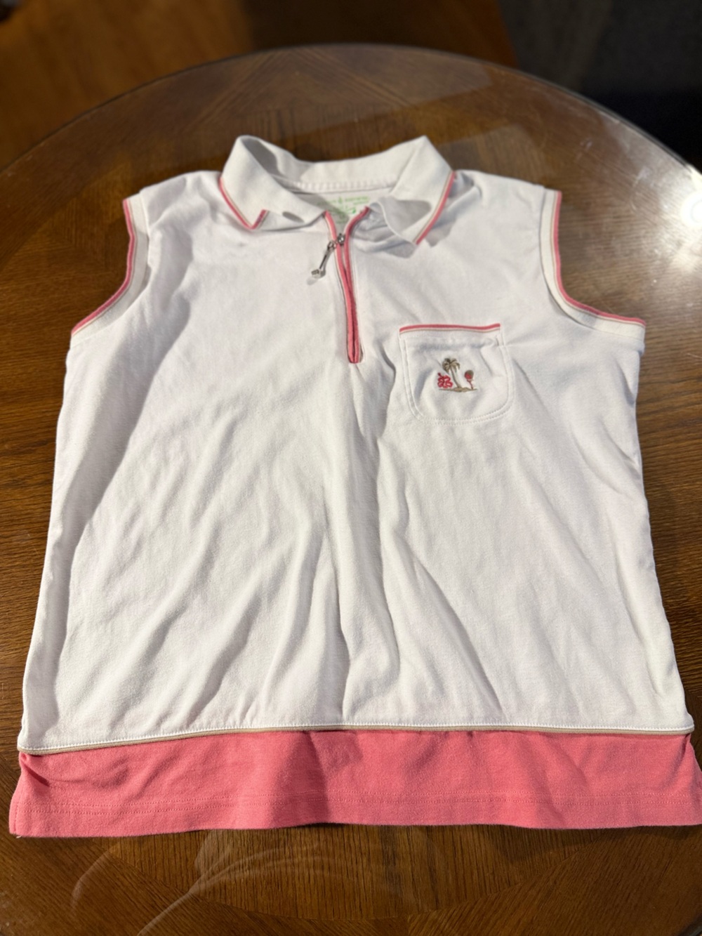 Allyson Whitmore White Sleeveless Polo Top with Pink Trim